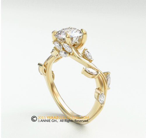 Leaf Engagement ring, Everleaf ring, Yellow Gold 14k, Lab Created Diamond ring, Vine Ring, Nature inspired Diamond Leaf ring, 188.