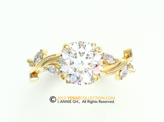 Leaf Engagement ring, Everleaf ring, Yellow Gold 14k, Lab Created Diamond ring, Vine Ring, Nature inspired Diamond Leaf ring, 188.
