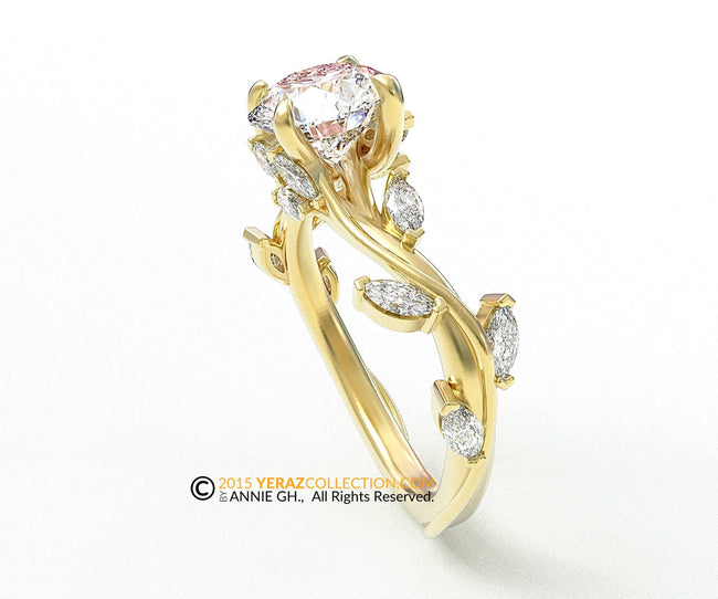 Leaf Engagement ring, Everleaf ring, Yellow Gold 14k, Lab Created Diamond ring, Vine Ring, Nature inspired Diamond Leaf ring, 188.