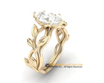 14K Yellow Gold Leaf Engagement Ring Set, Tulip head, Lab Diamond Center Stone, Nature Inspired Bridal Ring.