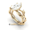 14K Yellow Gold Leaf Engagement Ring Set, Tulip head, Lab Diamond Center Stone, Nature Inspired Bridal Ring.
