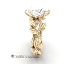 14K Yellow Gold Leaf Engagement Ring Set, Tulip head, Lab Diamond Center Stone, Nature Inspired Bridal Ring.