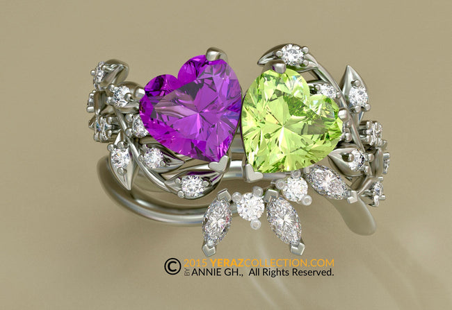 Toi Et Moi Ring Set, Vine of Hearts, Leaf Engagement ring, White Gold 14k, Nature inspired Leaf ring, Amethyst And Peridot Engagement Ring.