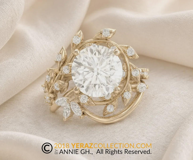 Lab Diamond Leaf Engagement Ring Set, 14k Gold, Earth-Mined Diamonds, Willow Halo(Yeraz Collection)
