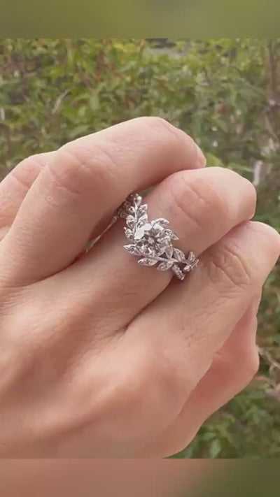 Leaf Engagement ring, White Gold 18k, Lab created Diamond ring, Nature inspired Diamond Leaf ring, Bridal ring, 1225.