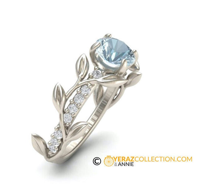 Unique Leaf Engagement Ring, White Gold 14k, Aquamarine Engagement ring, Nature inspired Diamond Leaf ring, Leaf Gold ring.