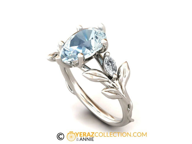 Aquamarine Engagement Ring, 14K White Gold, Aquamarine Leaf Engagement Ring, Nature inspired Diamond Leaf Ring, Leaf Gold Ring, Pear Shap