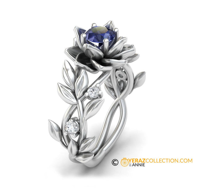 Leaf Engagement Ring, Lotus Flower Ring, 14k White Gold, Blue Sapphire Engagement Ring, Nature Inspired Diamond Leaf Ring, Leaf Gold Ring.