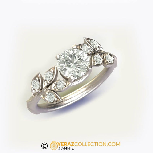 Leaf Engagement Ring, White Gold 14k, White Sapphire Engagement ring, Nature inspired Diamond Leaf Ring, Leaf Gold Ring, Bridal ring