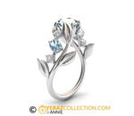 Unique Aquamarine Leaf Engagement ring, 14k White Gold, Aquamarine Engagement ring, Nature inspired Diamond Leaf ring, Leaf Gold ring