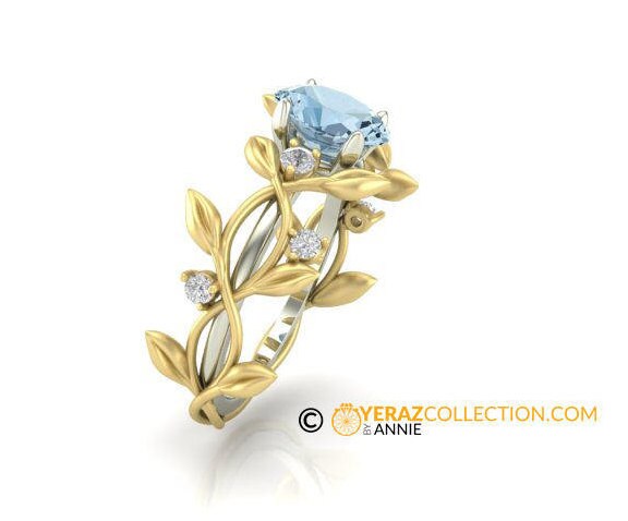 leaf Engagement Ring, 14k, Aquamarine Engagement ring, Nature inspired Diamond Leaf ring, Leaf Gold ring14k two-tone gold engagement ring