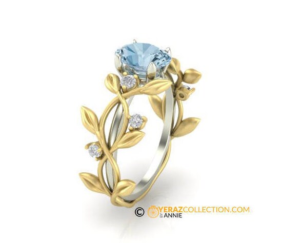 leaf Engagement Ring, 14k, Aquamarine Engagement ring, Nature inspired Diamond Leaf ring, Leaf Gold ring14k two-tone gold engagement ring