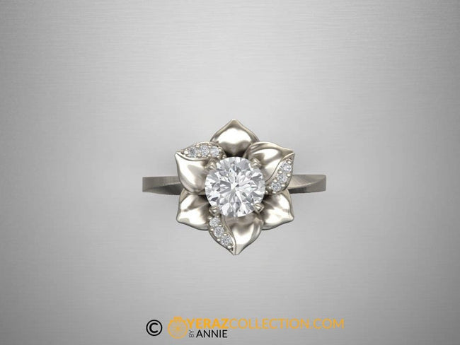 Flower Engagement ring, 14k White Gold, Moissanite Flower Engagement ring, Nature inspired ring, Flower Gold ring, Bridal ring