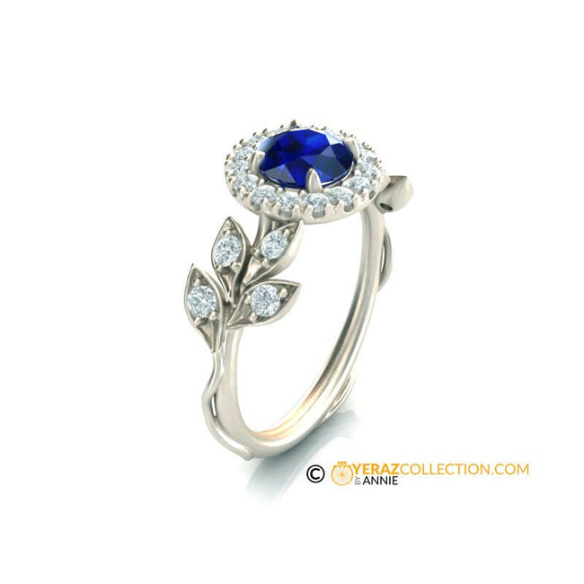 Halo Leaf Engagement Ring,White Gold 14k, Blue Sapphire Engagement Ring, Nature inspired Diamond Leaf Ring,Leaf Gold Ring, Bridal Ring.