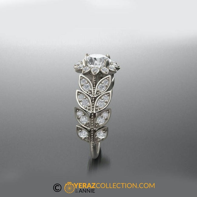 Leaf Engagement ring, Flower Engagement Ring, White Gold 14k, White Sapphire Engagement Ring, Nature inspired Diamond ring, Bridal ring