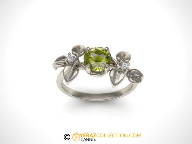 Leaf Engagement ring, White Gold 14k,Peridot, Nature inspired Diamond Leaf ring, Leaf Gold ring,Bridal ring, August birthstone.