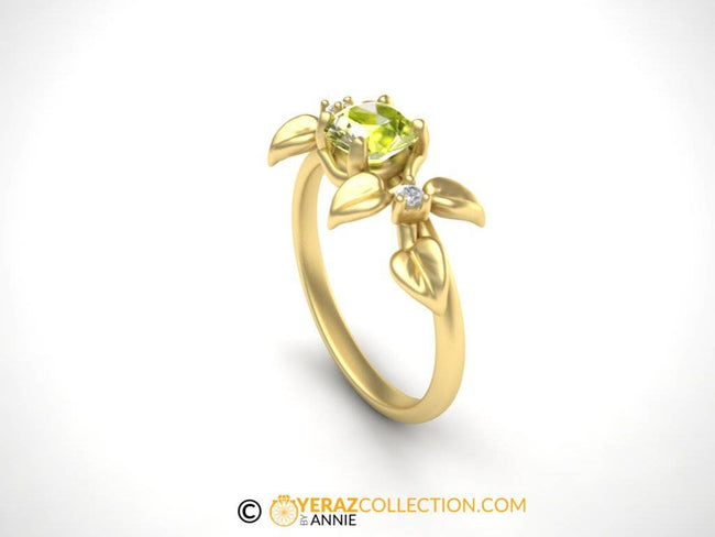 Leaf Engagement ring, Yellow Gold 14k, Peridot, Nature inspired Diamond Leaf ring, Leaf Gold ring,Bridal ring, August birthstone.