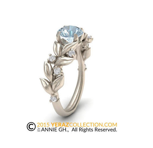 Aquamarine Leaf Engagement Ring, 14k White Gold, Aquamarine & Diamond Engagement Ring, Nature inspired Diamond Leaf Ring, Leaf Gold Ring