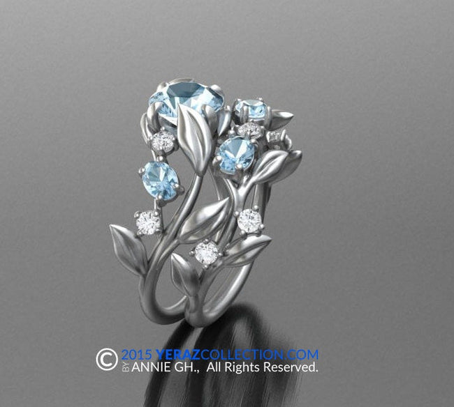 Classy & chic Aquamarine Matching band, 14k White gold, Matching band For the leaf ring, Nature inspired Diamond Leaf ring, FlowerGold Band