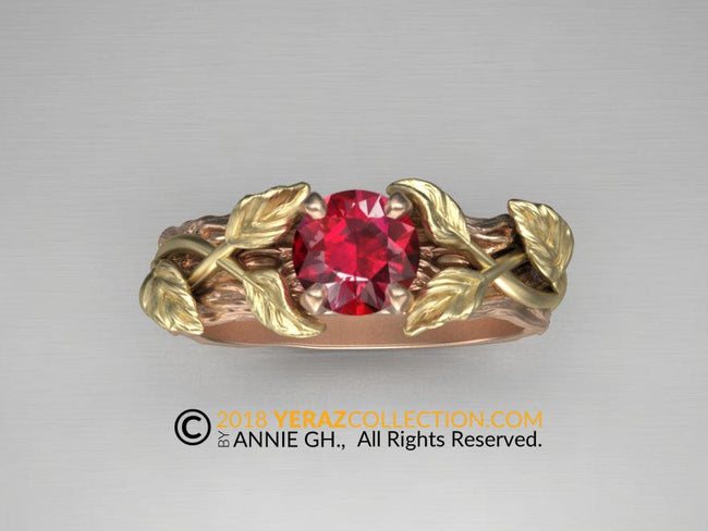 Two Tone Gorgeous & Unique Ruby Leaf Engagement Ring, Nature Inspired Leaf Ring, Ruby Ring, Ruby Engagement Ring, Flower Ring.