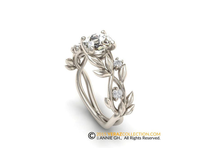 Moissanite Leaf Engagement Ring, 14k White Gold, Moissanite (ForEver One) Center stone, Nature inspired Leaf Ring, Engagement Ring.