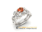 Leaf Engagement ring with the matching band, White Gold 14k, Orange Sapphire Engagement ring, Nature inspired Diamond Leaf ring