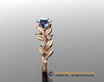 Unique Leaf Engagement ring, 14K Rose Gold, Lab Created Blue Sapphire Engagement ring,  Affordable Nature inspired Diamond Leaf ring