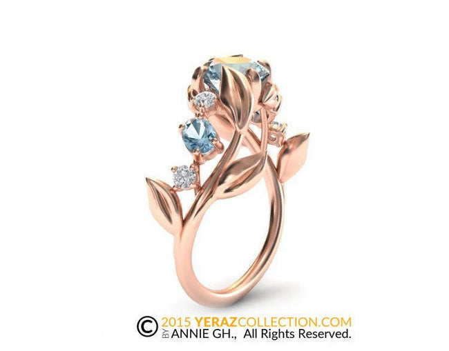 Very Unique Gold Leaf Aquamarine & Diamond Engagement Ring, Diamond Leaf Engagement ring, 14k Rose Gold, Aquamarine Engagement ring.