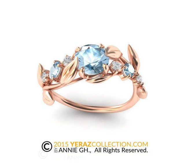 Very Unique Gold Leaf Aquamarine & Diamond Engagement Ring, Diamond Leaf Engagement ring, 14k Rose Gold, Aquamarine Engagement ring.