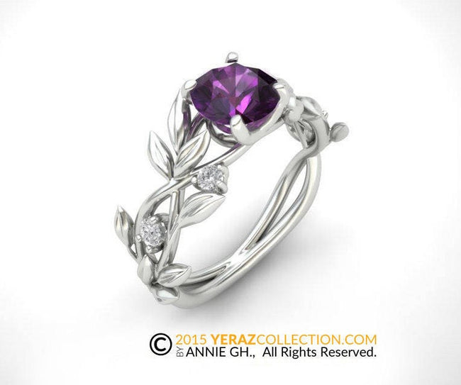 Leaf Engagement ring, Leaf Ring, White Gold 14k, Amethyst Center Stone Engagement Ring.