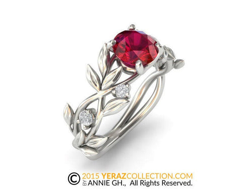 Leaf ring, White Gold 14k, Chatham Created Ruby Engagement ring, Nature inspired ring, Leaf Gold ring, Bridal ring, 1262.