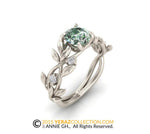 Leaf Engagement ring, Leaf Ring, White Gold 14k, Green Moissanite Center stone Engagement Ring.