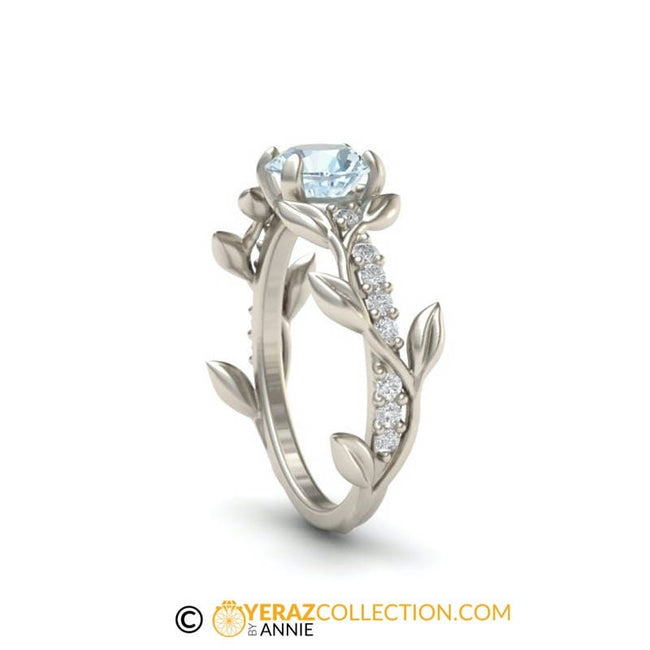 Unique Leaf Engagement Ring, White Gold 14k, Aquamarine Engagement ring, Nature inspired Diamond Leaf ring, Leaf Gold ring.