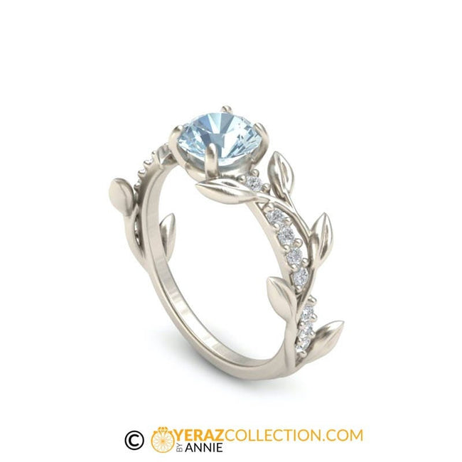 Unique Leaf Engagement Ring, White Gold 14k, Aquamarine Engagement ring, Nature inspired Diamond Leaf ring, Leaf Gold ring.