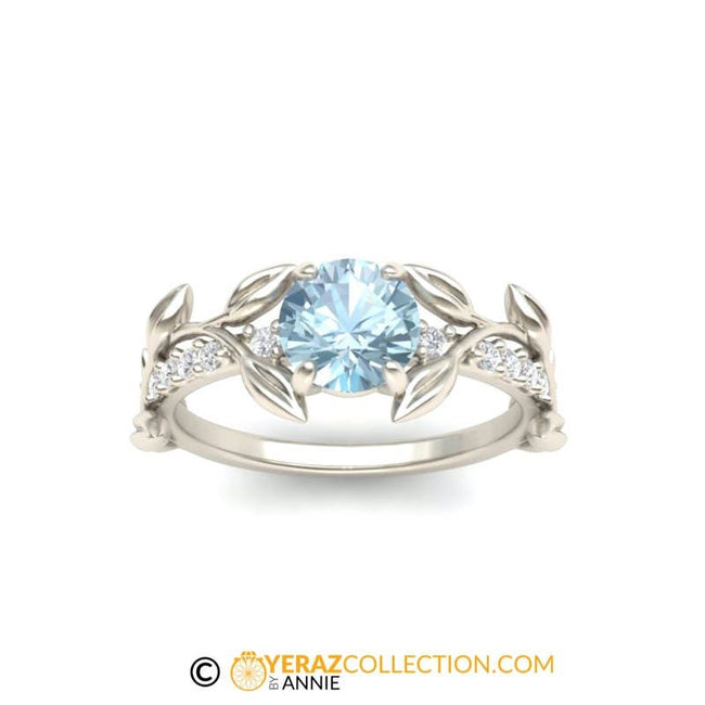 Unique Leaf Engagement Ring, White Gold 14k, Aquamarine Engagement ring, Nature inspired Diamond Leaf ring, Leaf Gold ring.