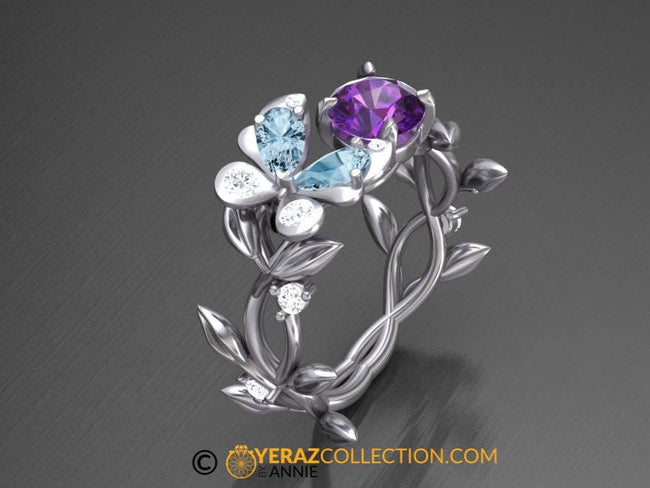 Very Unique Butterfly Engagement Ring, Butterfly Engagement Ring, Nature inspired Diamond Ring, Amethyst Engagement Ring, Aquamarine ring