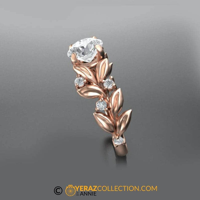 Leaf Engagement ring, Rose Gold 14k, White Sapphire Engagement ring, Nature inspired Diamond Leaf ring, Leaf Gold ring,Bridal ring.