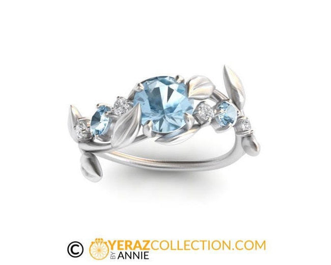 Unique Aquamarine Leaf Engagement ring, 14k White Gold, Aquamarine Engagement ring, Nature inspired Diamond Leaf ring, Leaf Gold ring