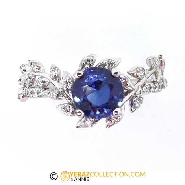 Unique Blue Sapphire Flower Engagement Ring, 14k White Gold, Blue Sapphire Engagement ring, Nature inspired Diamond Leaf ring, Bridal ring.