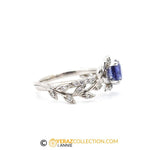 Unique Blue Sapphire Flower Engagement Ring, 14k White Gold, Blue Sapphire Engagement ring, Nature inspired Diamond Leaf ring, Bridal ring.