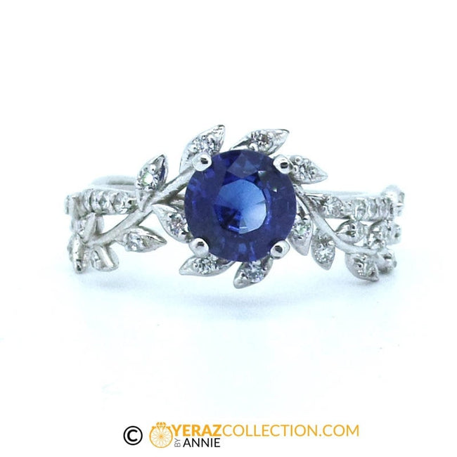 Unique Blue Sapphire Flower Engagement Ring, 14k White Gold, Blue Sapphire Engagement ring, Nature inspired Diamond Leaf ring, Bridal ring.