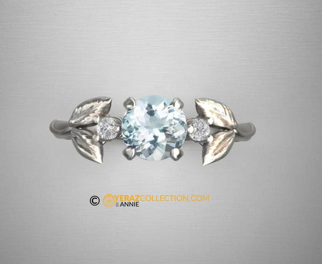 Leaf Engagement ring,White Gold 14k, Aquamarine Engagement ring,Nature inspired Diamond Leaf ring,Leaf Gold ring,Bridal ring.