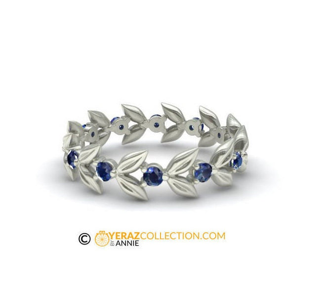 Leaf Wedding Band, White Gold 14k, Blue Sapphire  Wedding Ring, Nature Inspired  Leaf Ring,Leaf Gold Ring, Bridal Ring.