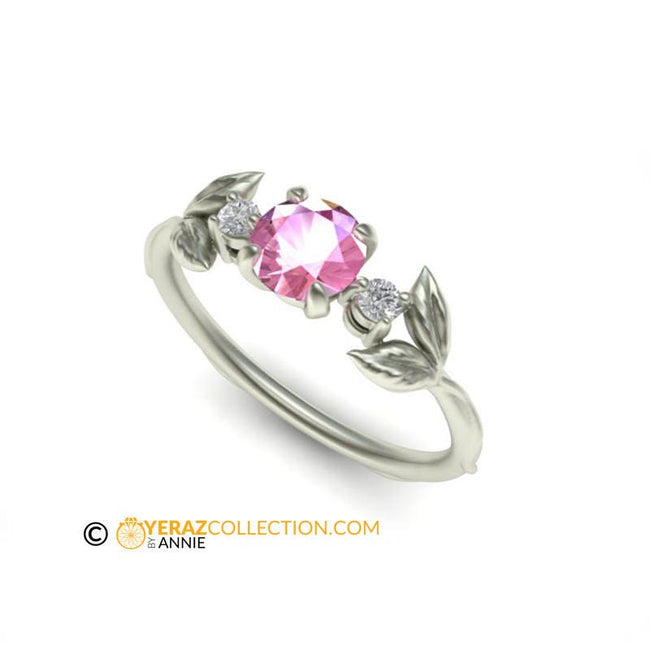 Leaf Engagement ring, White Gold 14k, Pink Sapphire Engagement ring, Nature inspired Diamond Leaf ring, Leaf Gold ring, Bridal ring.