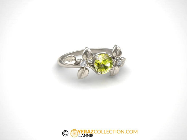 Leaf Engagement ring, White Gold 14k,Peridot, Nature inspired Diamond Leaf ring, Leaf Gold ring,Bridal ring, August birthstone.