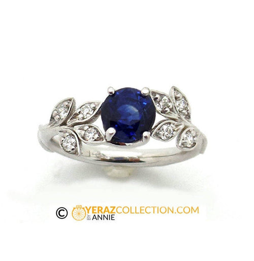 Leaf engagement ring, white gold 14k, blue sapphire engagement ring, nature inspired diamond leaf ring, Leaf Gold ring, Bridal ring, RI-1226