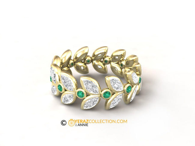 Leaf Diamond Eternity Gold Ring With Emerald, Diamond Wedding Band,14k Yellow Gold Ring, Nature Inspired Eternity Leaf Band, Promise Ring