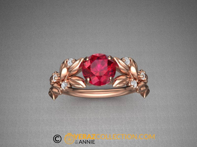 Ruby & Diamond Leaf Engagement ring, 14k Rose Gold, Lab Created Ruby, Nature inspired Diamond Leaf ring, Leaf Gold ring, Ruby Bridal ring