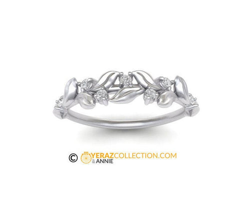 Matching band, 14k White gold, Nature inspired Diamond Leaf ring, Leaf Gold ring.