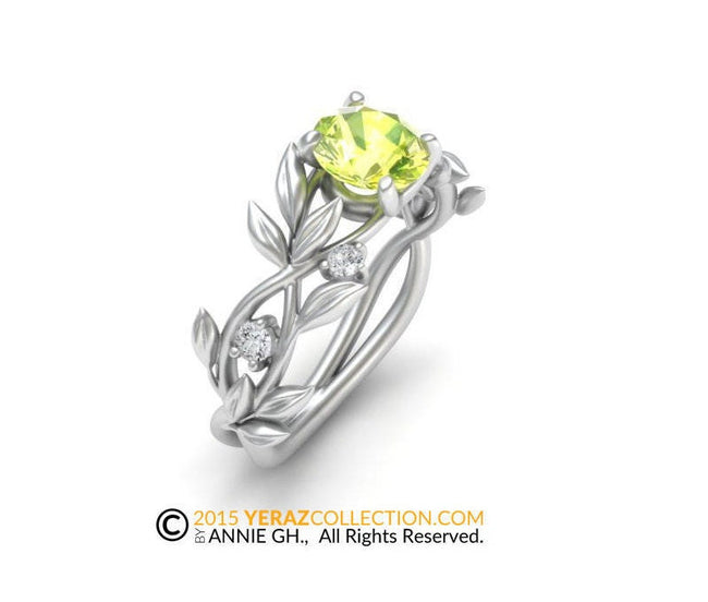 Leaf Engagement ring, White Gold 14k, Lab Created Yellow Sapphire, Nature inspired Diamond Leaf ring, Leaf Gold ring, Bridal ring.